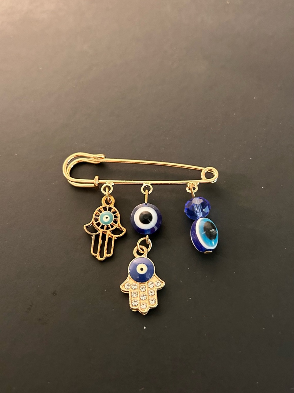 Gold Hamsa & Blue Evil Eye Safety Pin Charm